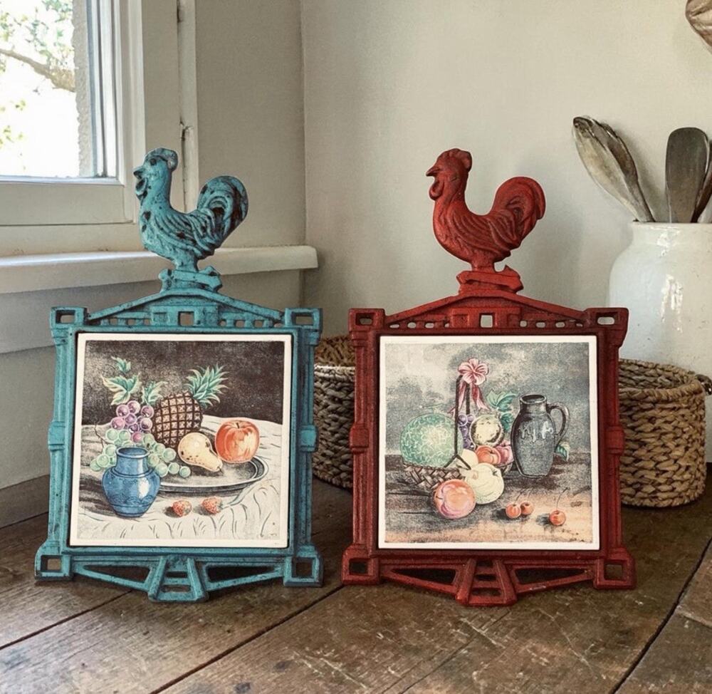 Vintage 2 Cast Iron Rooster Trivets Footed Still Life Fruit Tiles French Country